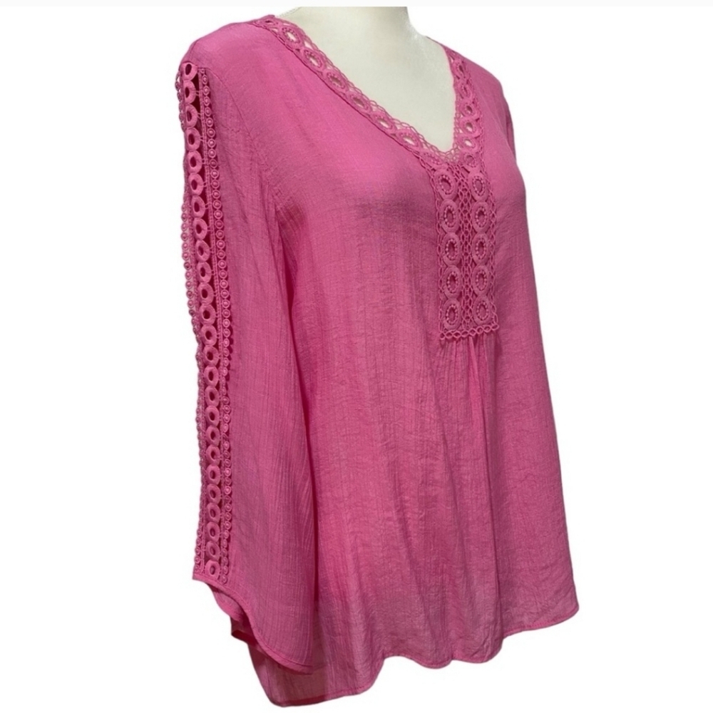 COUNTERPARTS Boho Tunic With Flared & Cut Out Sleeves Pink Size Large